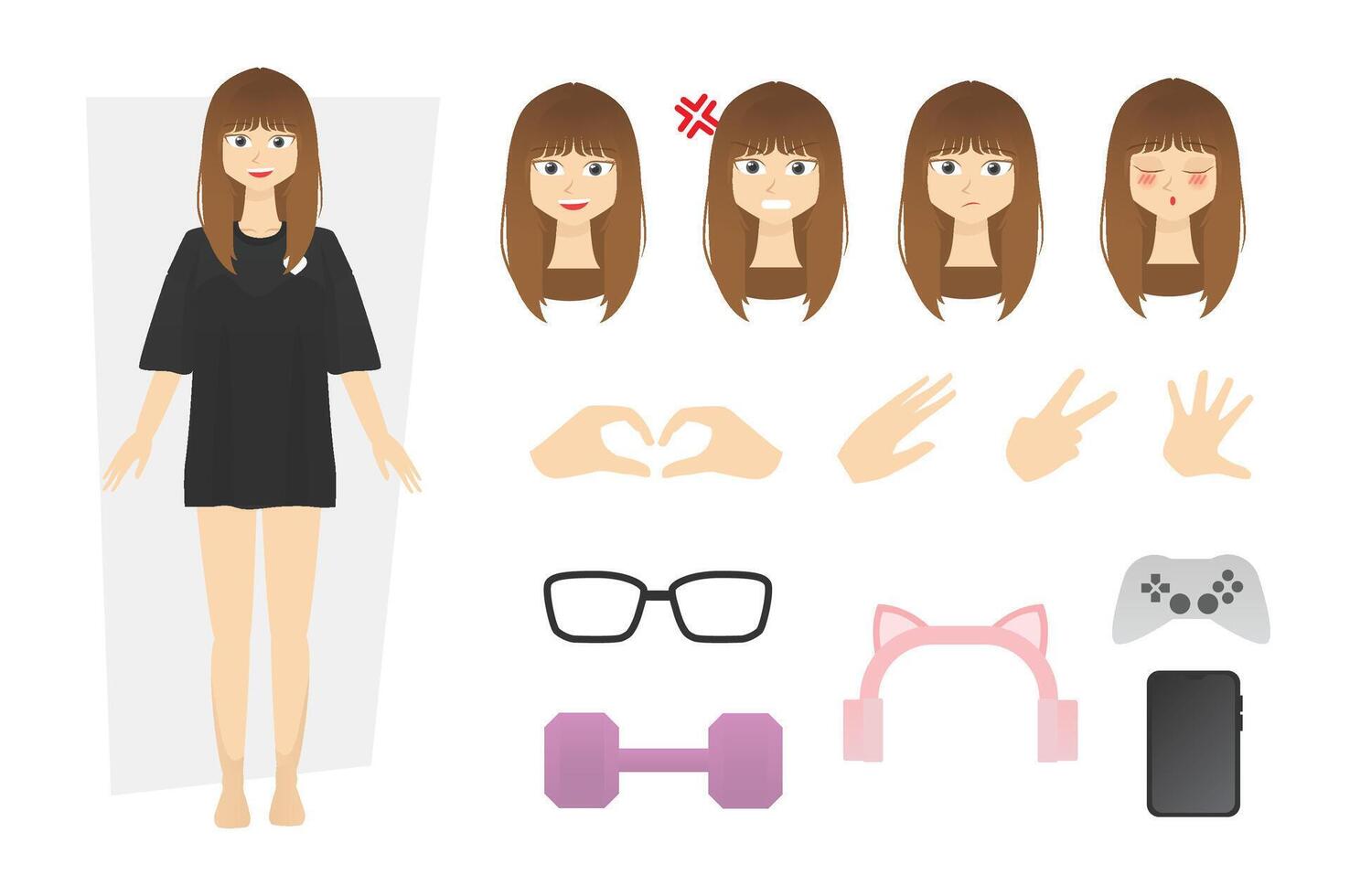 Flat character design free of young woman or girl wearing oversize t-shirt and hot pants with alternate various face expression angry, sad and love with finger hand pose and many accessories gaming vector