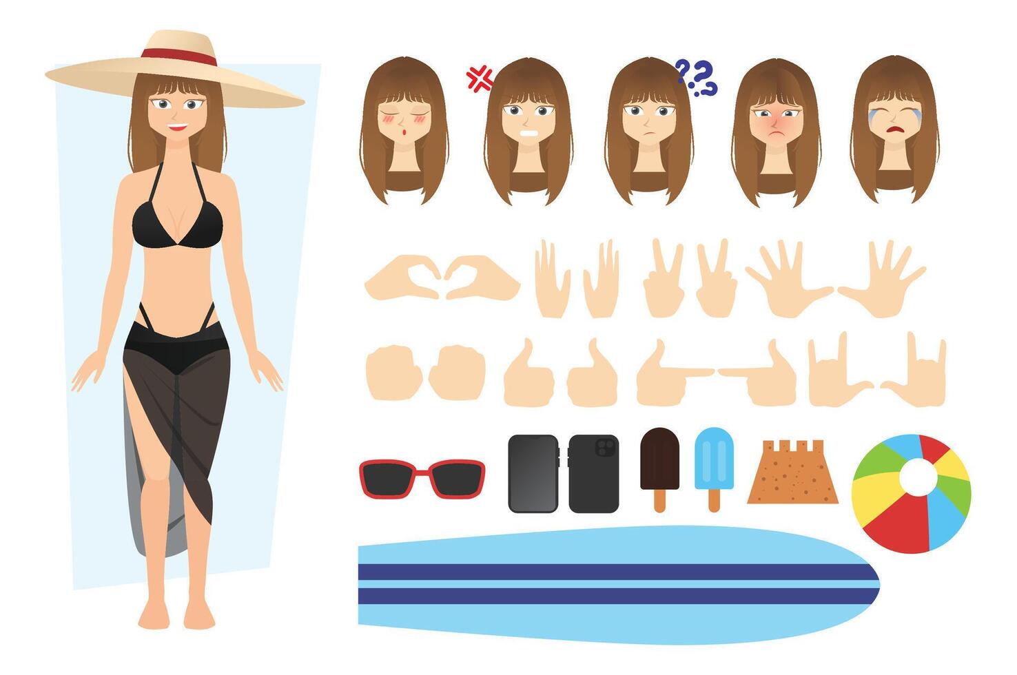 Flat character design of young woman or girl wearing bikini or beach outfit and sun straw hat with alternate various face expression angry, sad and hand pose and many accessories ball surfing board vector