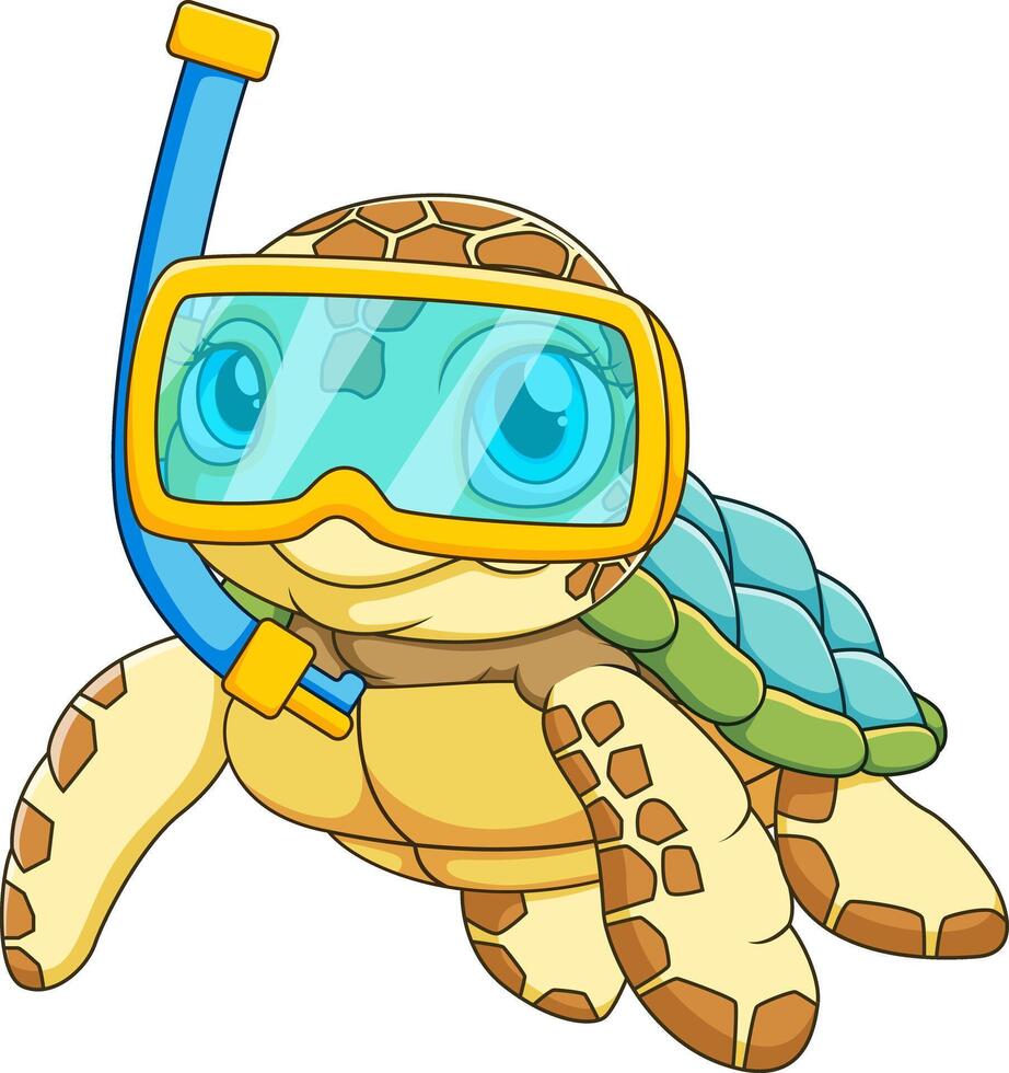 Cute turtle cartoon in scuba gear with snorkel for underwater adventure concept. vector