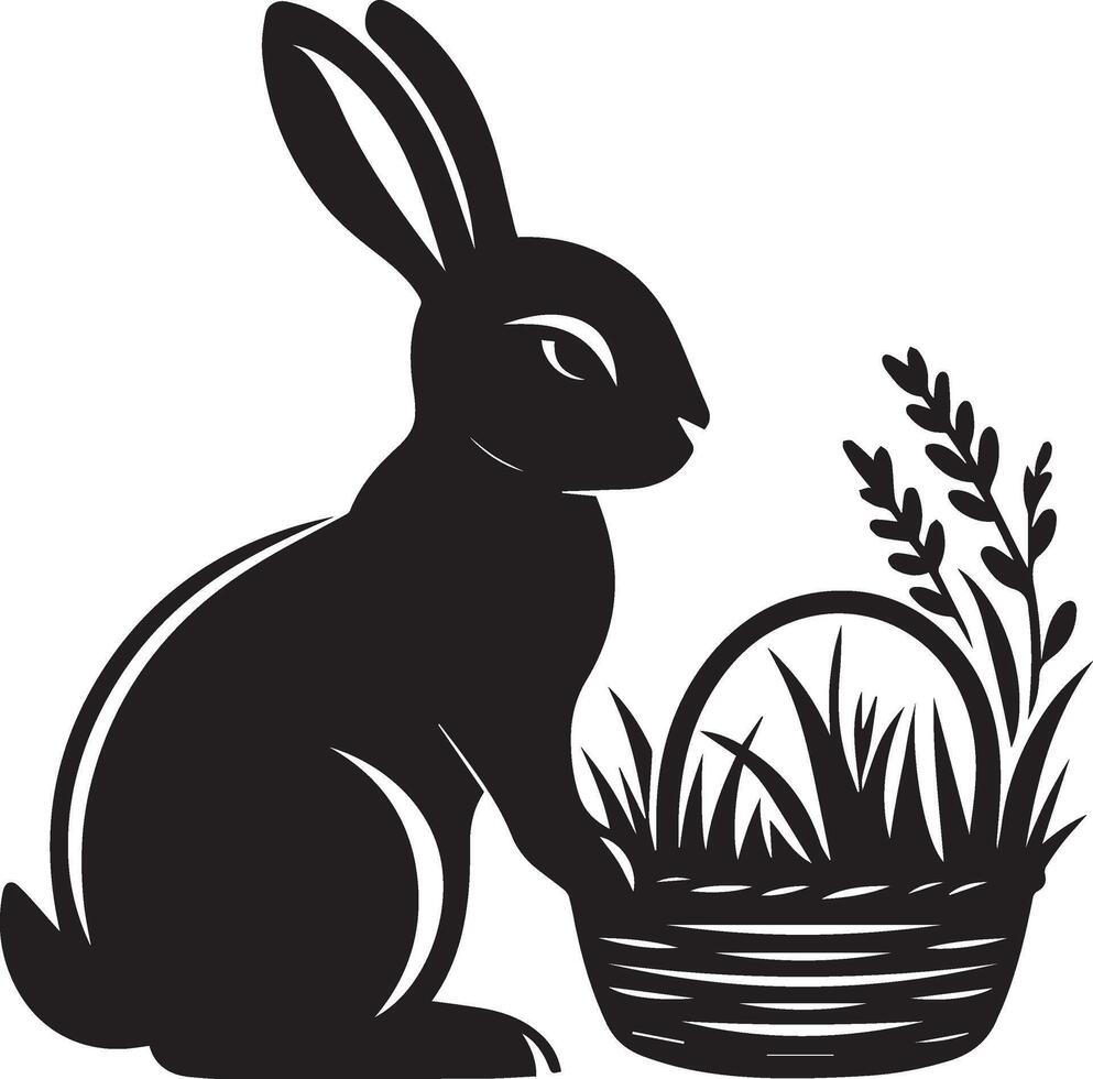 silhouette of a rabbit with a basket of grasses vector