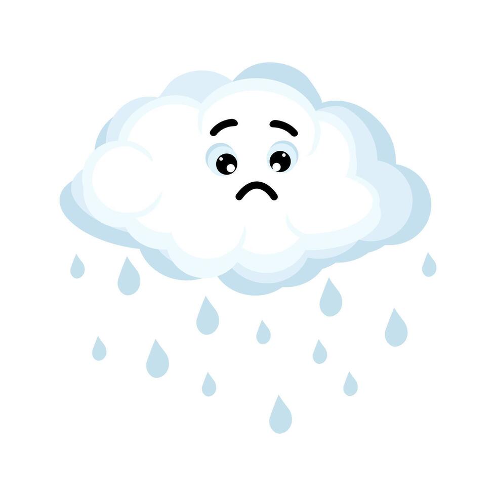 Cute sad kawai cloud. The cloud drops raindrops. Cartoon style comic, weather icon. vector
