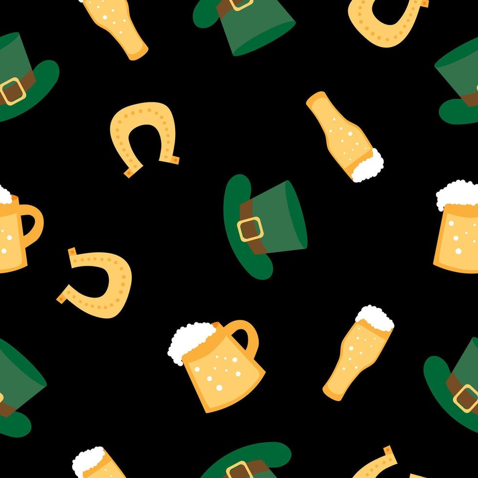 Seamless pattern St. Patrick's Day with green hat, horseshoe, beer, beer mug, glass of beer on black background. vector