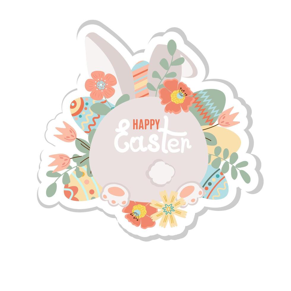 Happy easter sticker. Spring flowers with the easter eggs and rabbit rear view on white background. Can be add text. vector