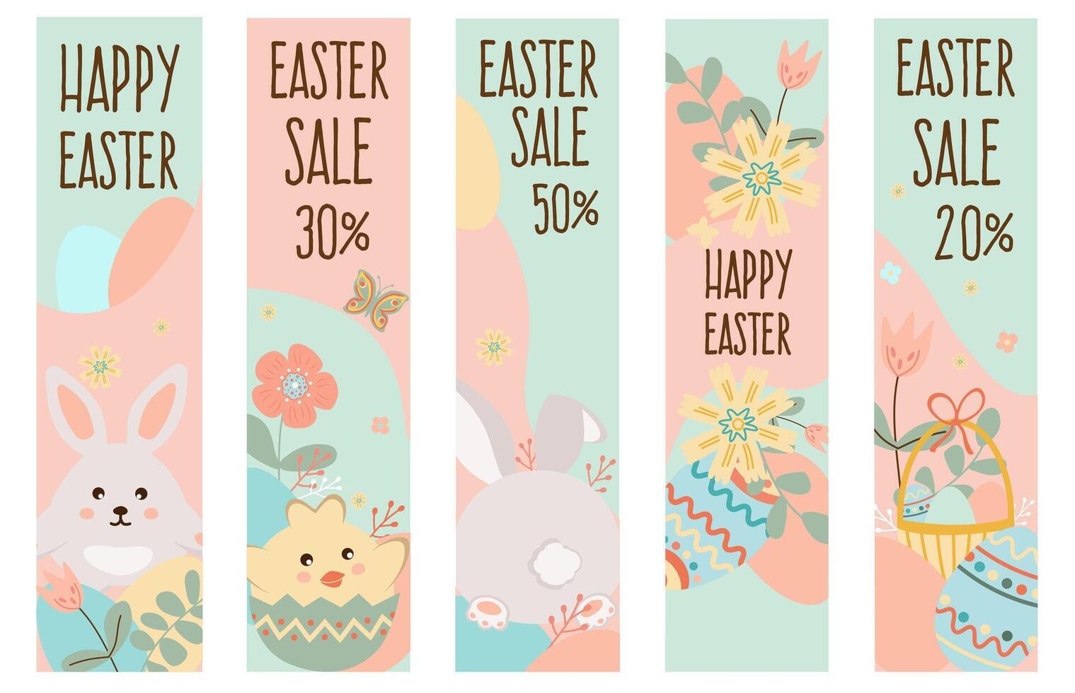 Happy easter sale banners. Spring flowers with the easter eggs and rabbit, chicken on pink and green background. Can be add text. vector