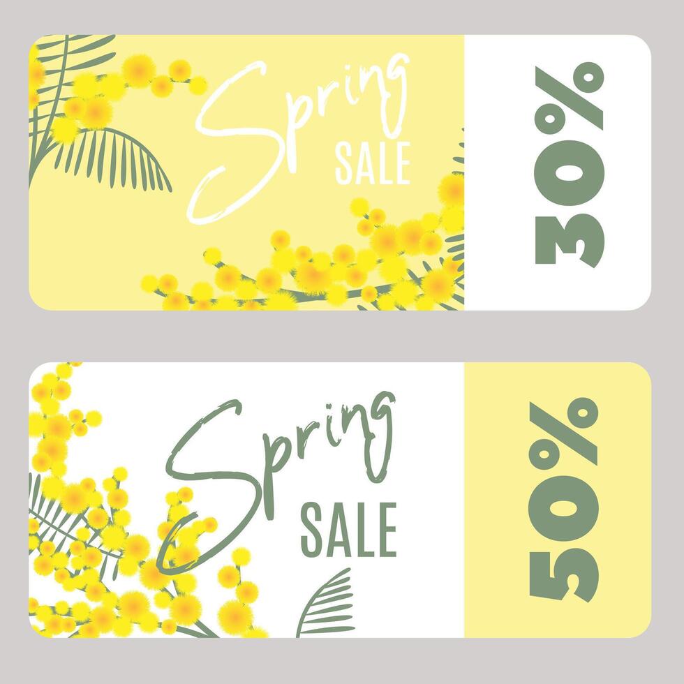 Set spring sale banners with mimosa flowers on yellow background. vector