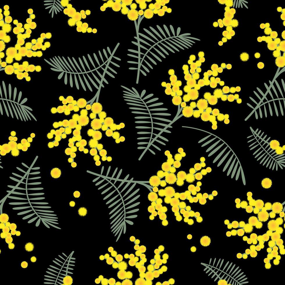 Spring seamless pattern with mimosa flowers on black background. Great for fabrics, especially for linens, wrapping papers, wallpapers. vector