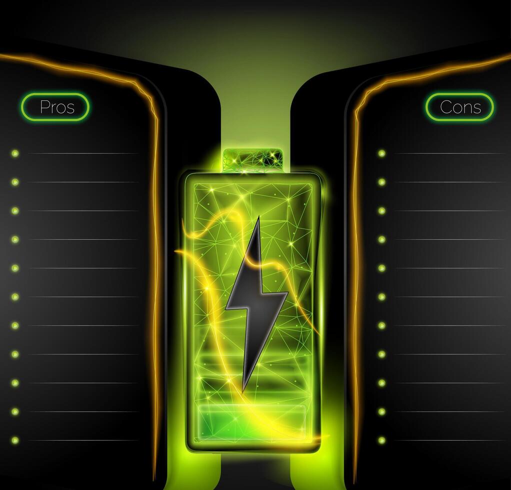 green battery low poly charge indicators with pron and cons list vector