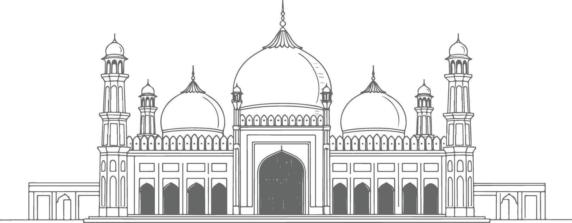 Minimalist Line Art Sketch of the Badshahi Mosque in Lahore Pakistan Showcasing Mughal Architecture with Elegant Symmetry Domes and Minarets in Black and White vector