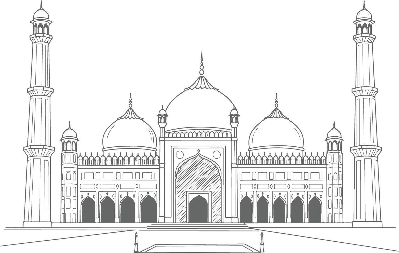 Elegant Line Drawing of the Badshahi Mosque in Lahore Pakistan Showcasing Mughal Architectural Beauty with Grand Domes and Towering Minarets in Black and White vector