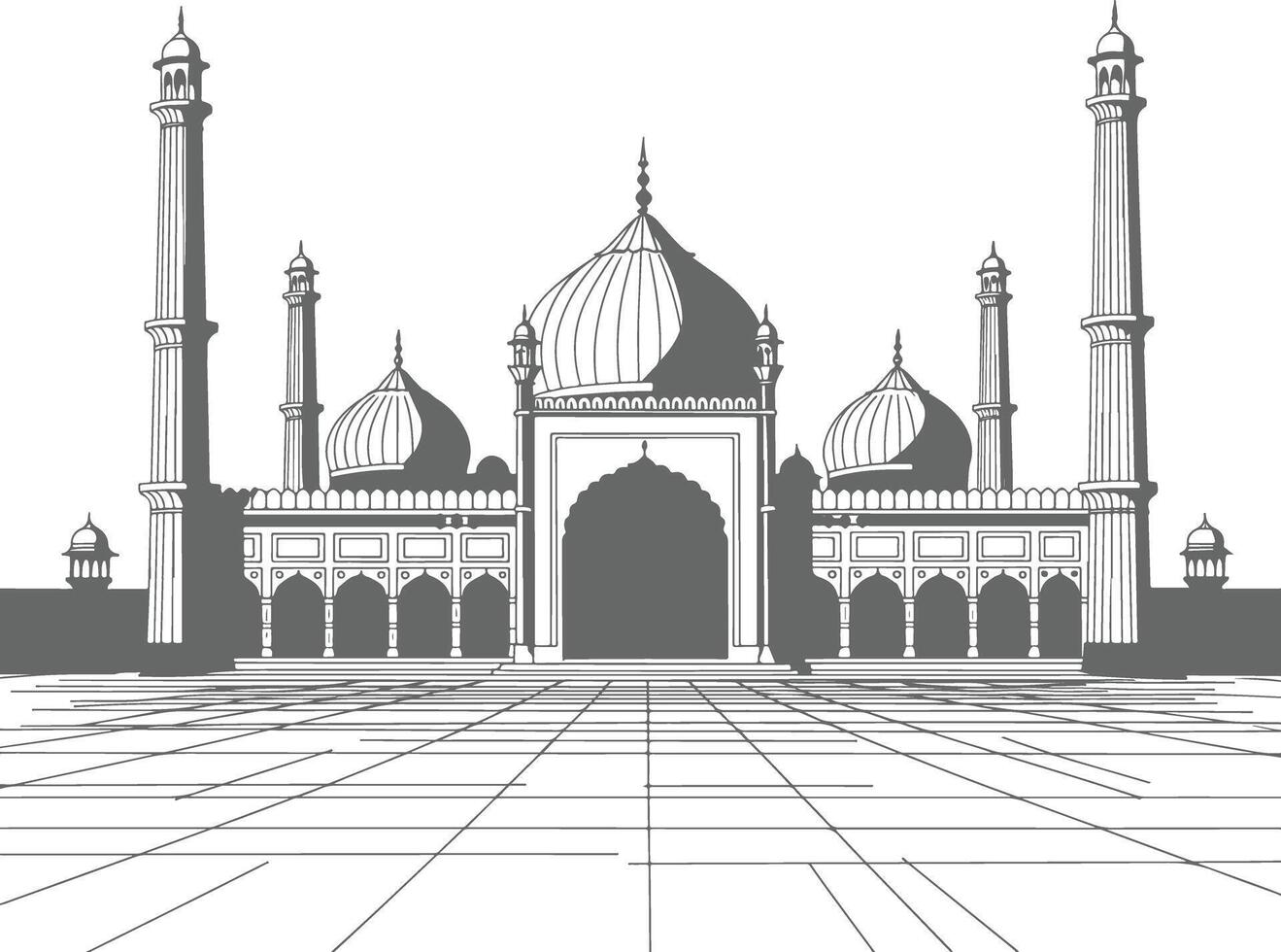 Detailed Black and White Illustration of the Jama Masjid Showcasing Majestic Islamic Architecture with Grand Domes and Towering Minarets vector