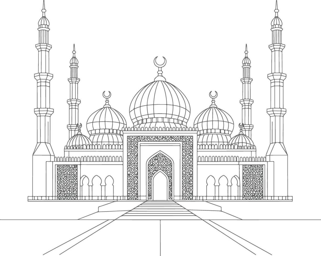 Intricate Line Drawing of the Crystal Mosque in Malaysia Showcasing Stunning Islamic Architecture with Elegant Domes and Tall Minarets in Black and White vector