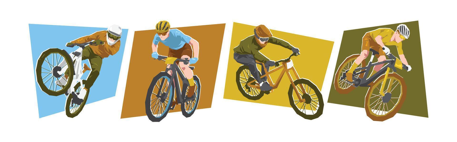 Set of male mountain biker, downhill. Sport, race, competition concept. Isolated on white background. Flat illustration. vector