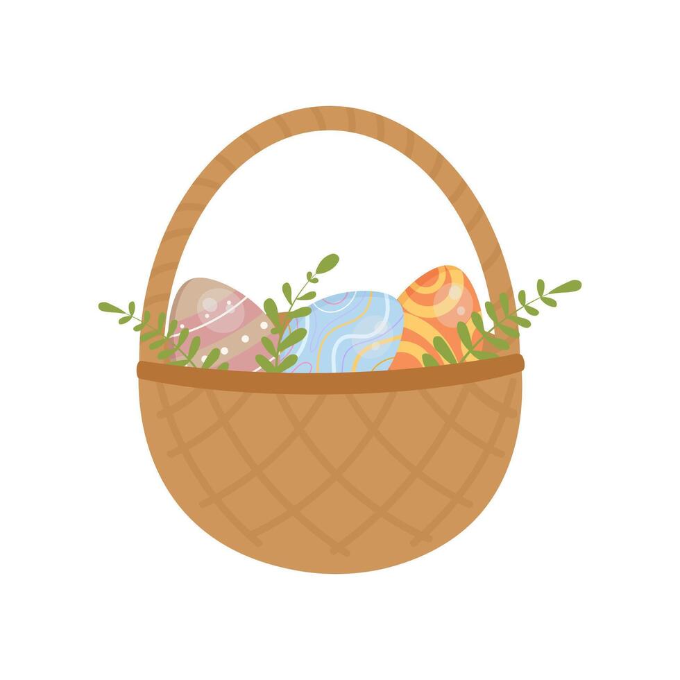 Illustration of cartoon basket with easter eggs. Happy Easter vector