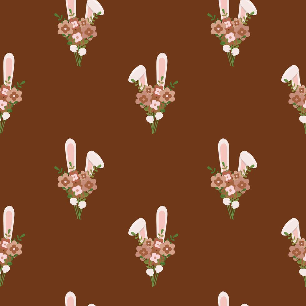 Seamless pattern with bunny and bouquet. Background for wrapping paper, greeting cards and seasonal designs. Happy Easter Day. vector