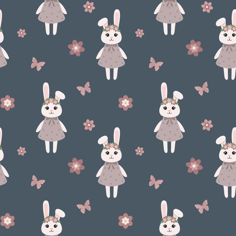 Seamless pattern with bunny in a wreath, flowers. Background for wrapping paper, greeting cards and seasonal designs. Happy Easter Day. vector