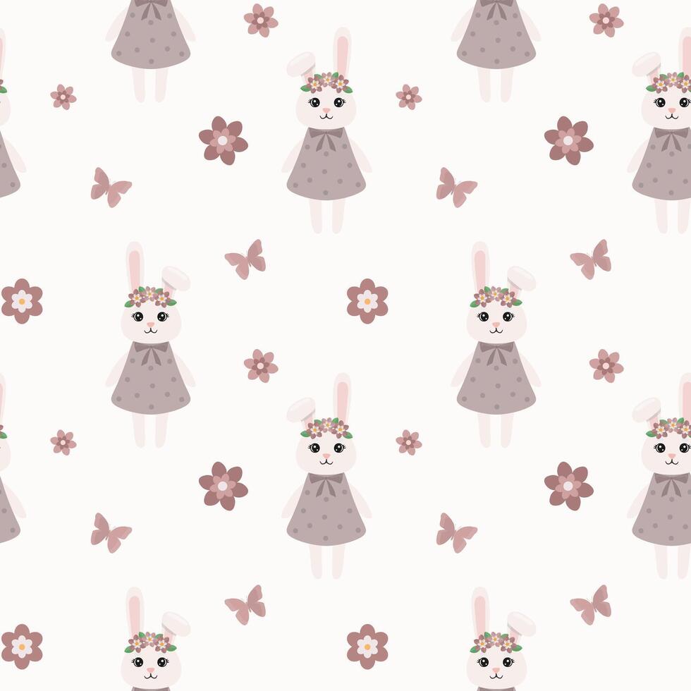 Seamless pattern with bunny in a wreath, flowers. Background for wrapping paper, greeting cards and seasonal designs. vector