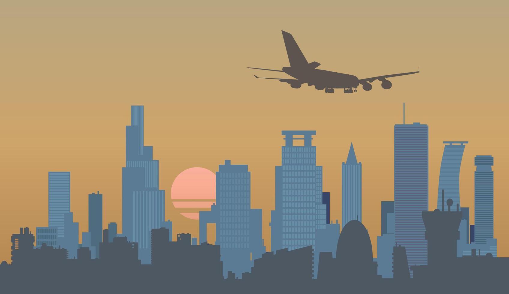 Airliner flies over skyscrapers. . vector