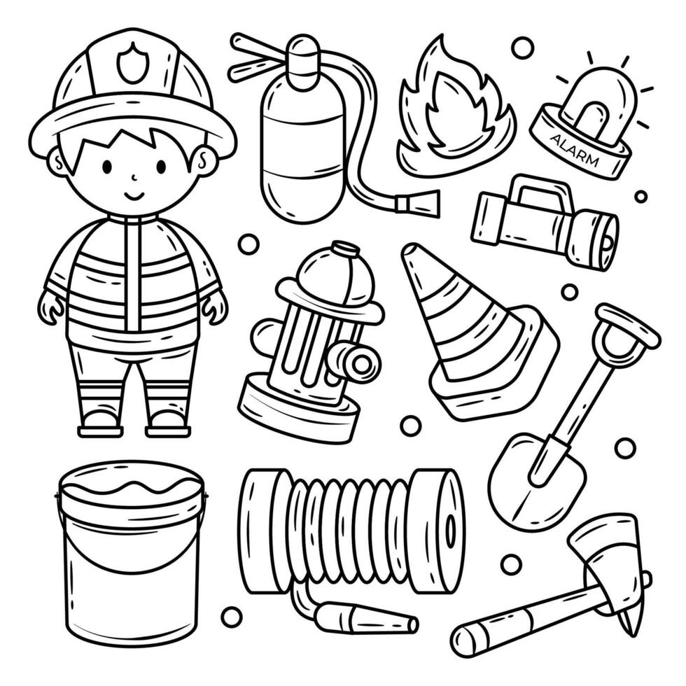 Outline Kawaii Fireman Doodle Hand Drawn vector