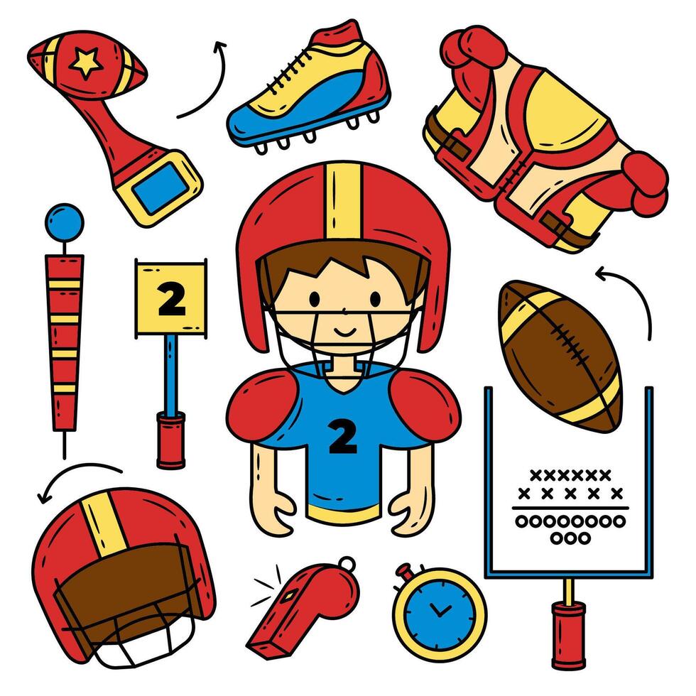 Set of Colorful Kawaii American Football Hand Drawn vector