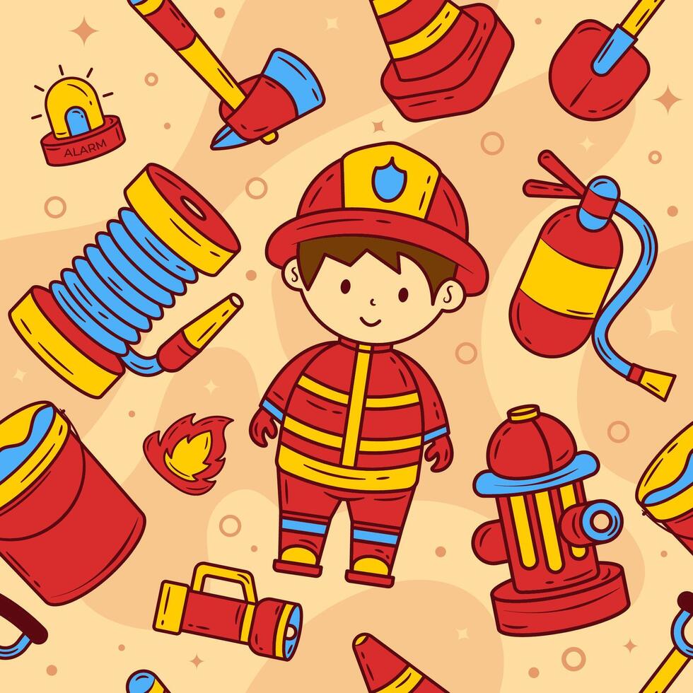 Doodle Seamless Pattern Kawaii Fireman vector