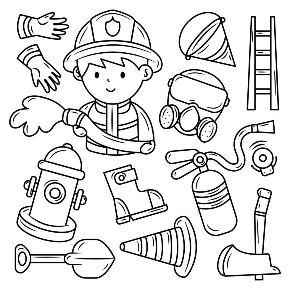 Set of Outline Kawaii Fireman Doodle Hand Drawn vector