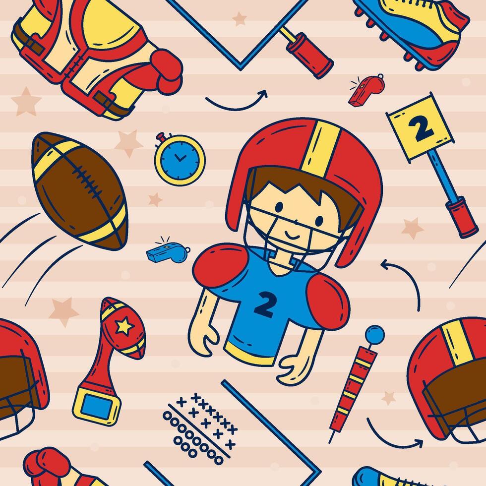 Seamless Pattern Kawaii American Football Hand Drawn vector