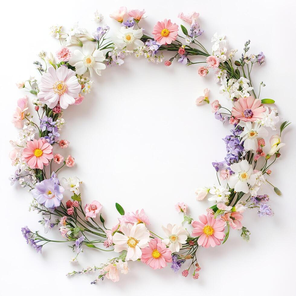 Delicate floral wreath creating a blank space on white background. photo
