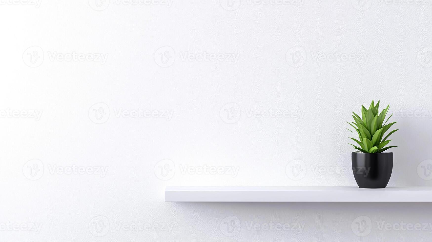 A potted plant on a shelf in front of a white wall photo