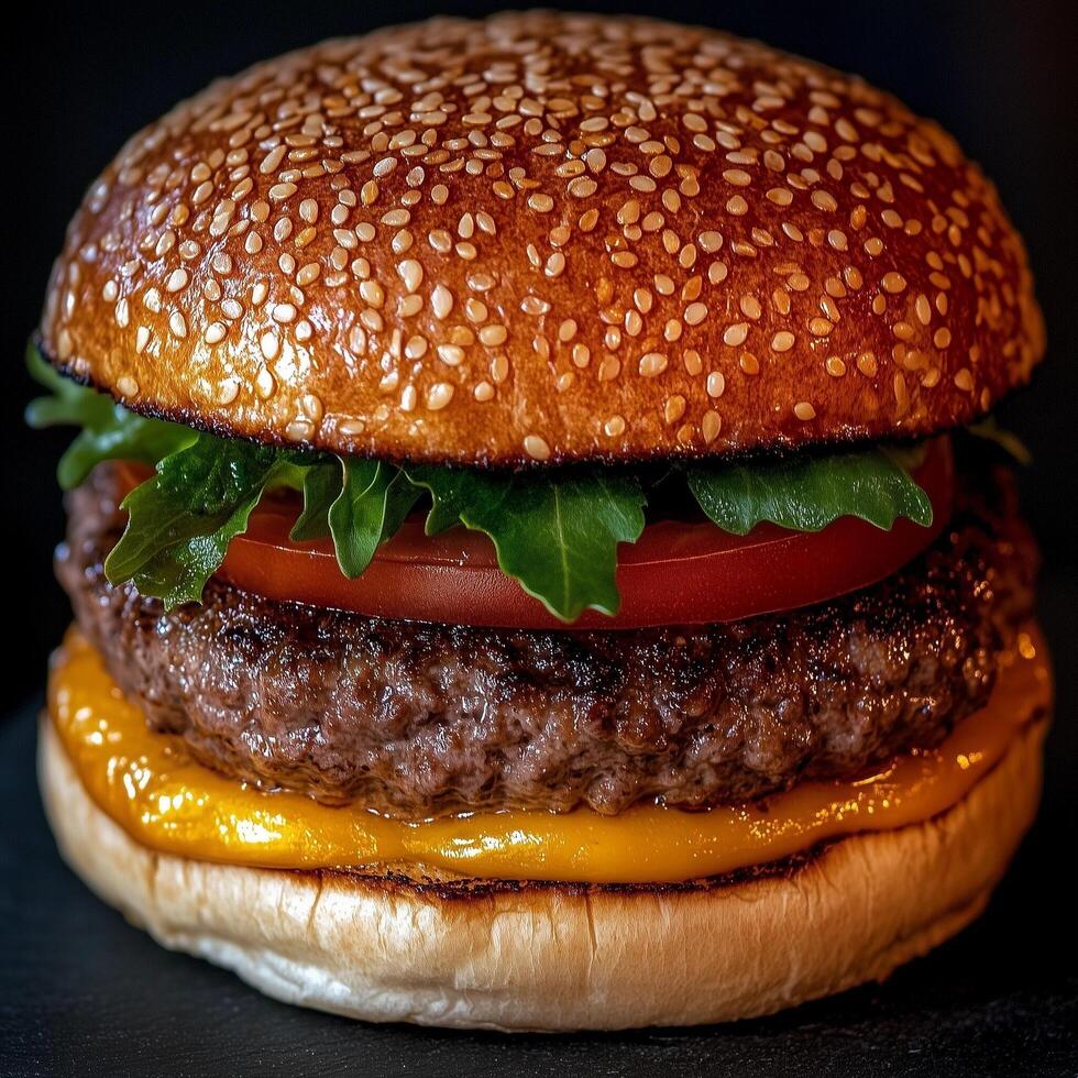 A hamburger with cheese and lettuce photo
