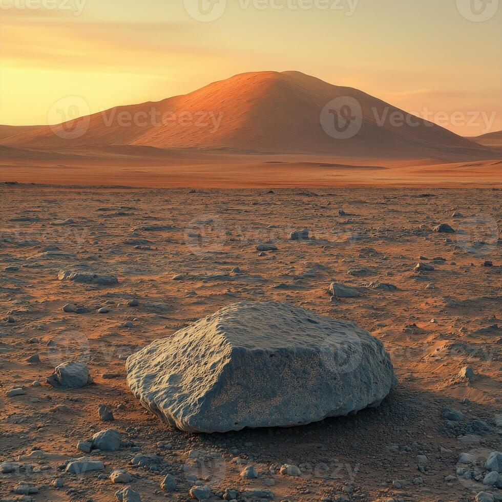 Barren landscape of Mars featuring Martian surface under a hazy sunset, showcasing features of the red planet and distant geological formations photo
