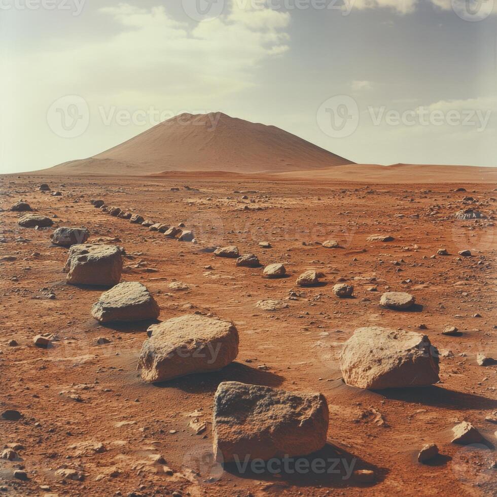 Exploring the barren landscape of Mars revealing the Martian surface and its unique red planet features under the vastness of distant space photo