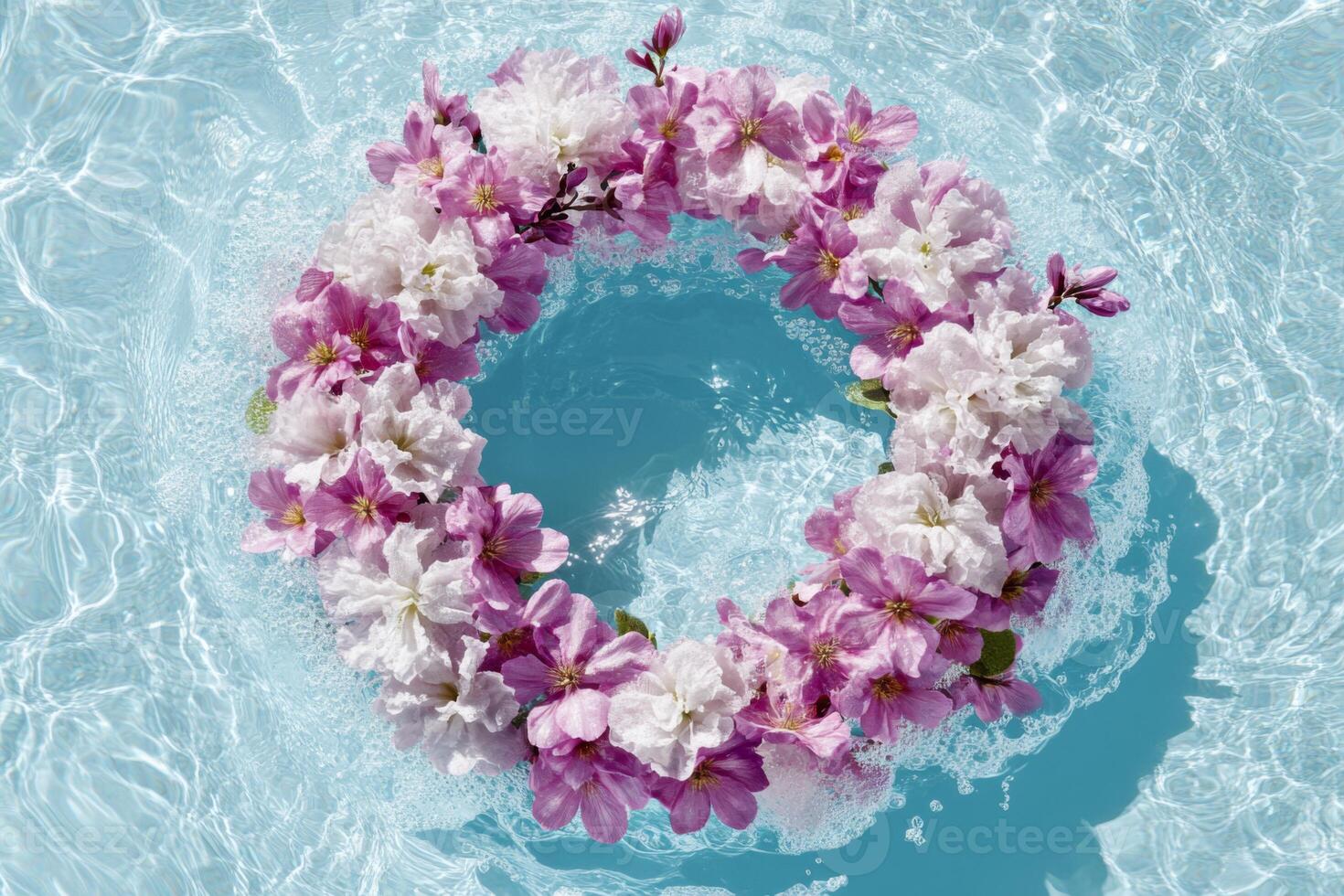 Spring wreath floats gracefully on tranquil water surrounded by gentle bubbles reflecting sunlight creating a serene outdoor atmosphere photo