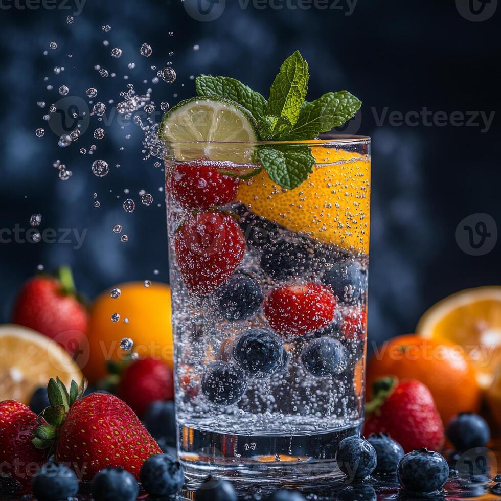 Refreshing healthy infused water with sparkling water splashing over citrus fruits like lemon and lime, surrounded by vibrant berries and fresh mint photo