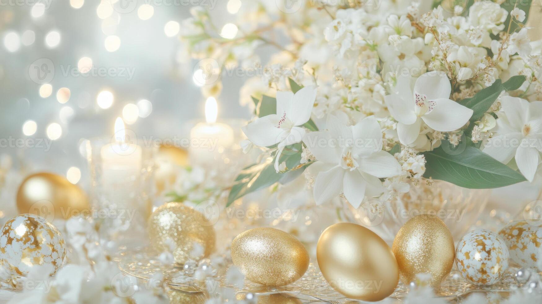 Luxurious style Easter tablescape featuring golden Easter eggs and elegant table setting with beautiful floral arrangements and soft ambient lighting photo