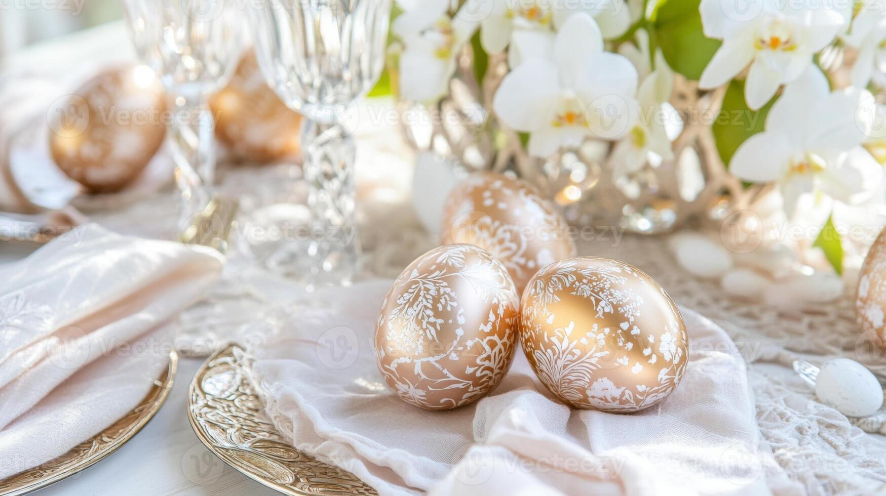 Luxurious style Easter table setting with rose golden patterned Easter eggs showcased among delicate floral arrangements photo