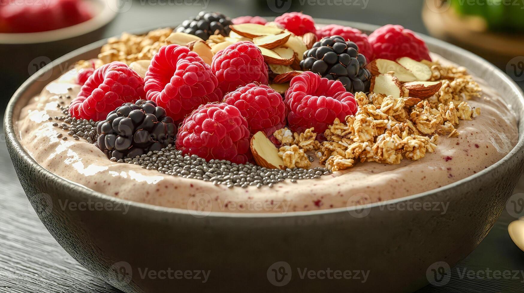 A freshly made smoothie with a thick creamy base filled with berries, nuts and seeds photo