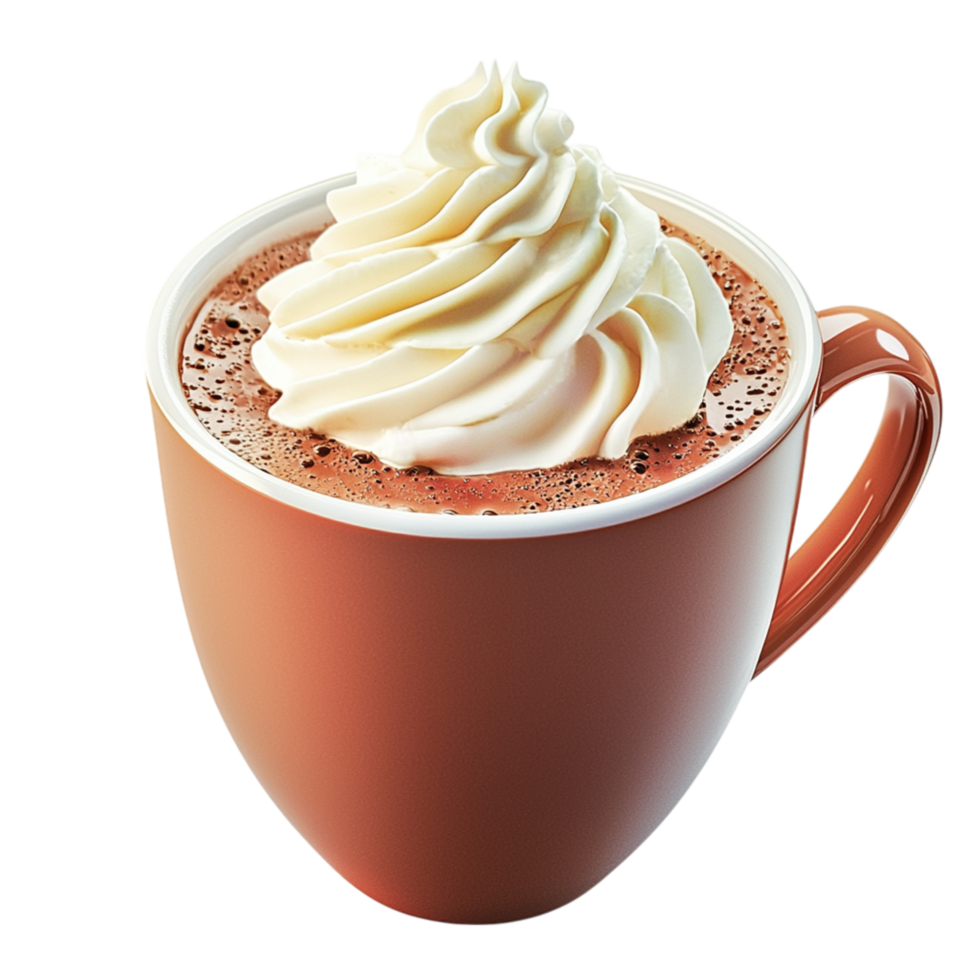 Steaming cup of hot chocolate whipped cream melting slowly creating a deliciously creamy beverage. png