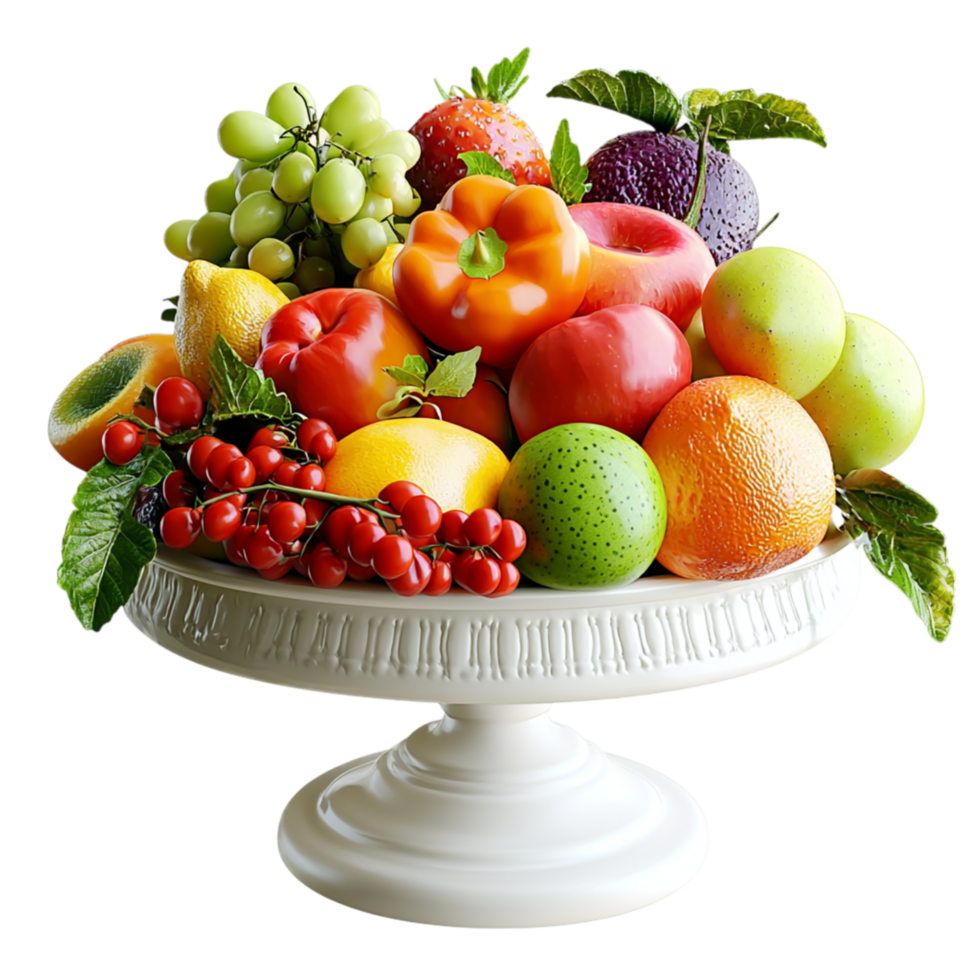 A decorative fruit bowl filled a variety of fresh apples bananas grapes oranges. png