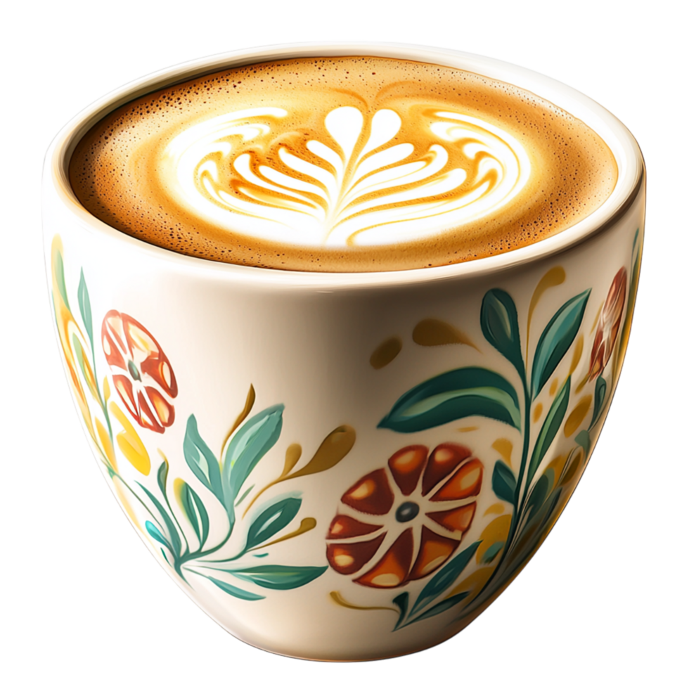 Artistic cup of coffee latte forming a heartshaped pattern on the creamy foam. png