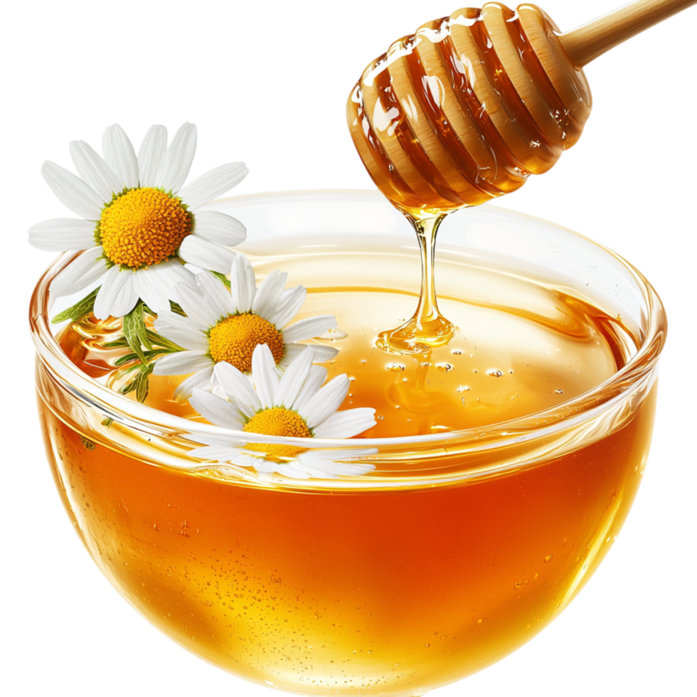 Cup of honey tea chamomile flowers floating gently enhancing its soothing calming aroma. png