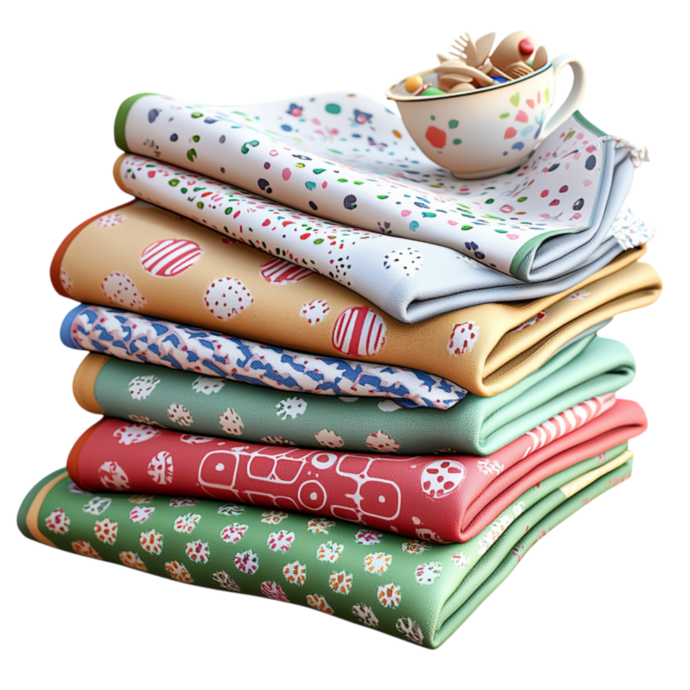 Stack of folded fabric intricate patterns featuring beautiful floral designs in multiple vibrant colors. png