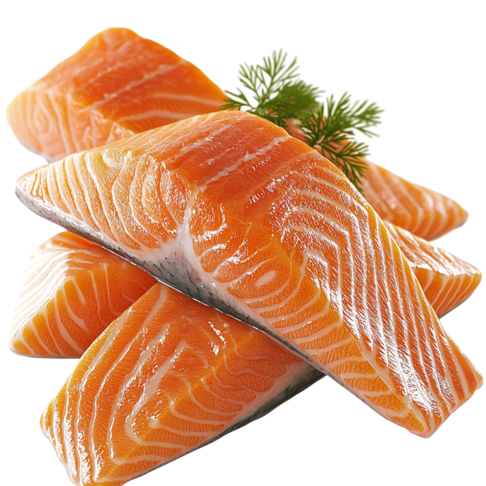 Fresh salmon fillets placed neatly on a white plate showcasing their bright orange pink texture. png
