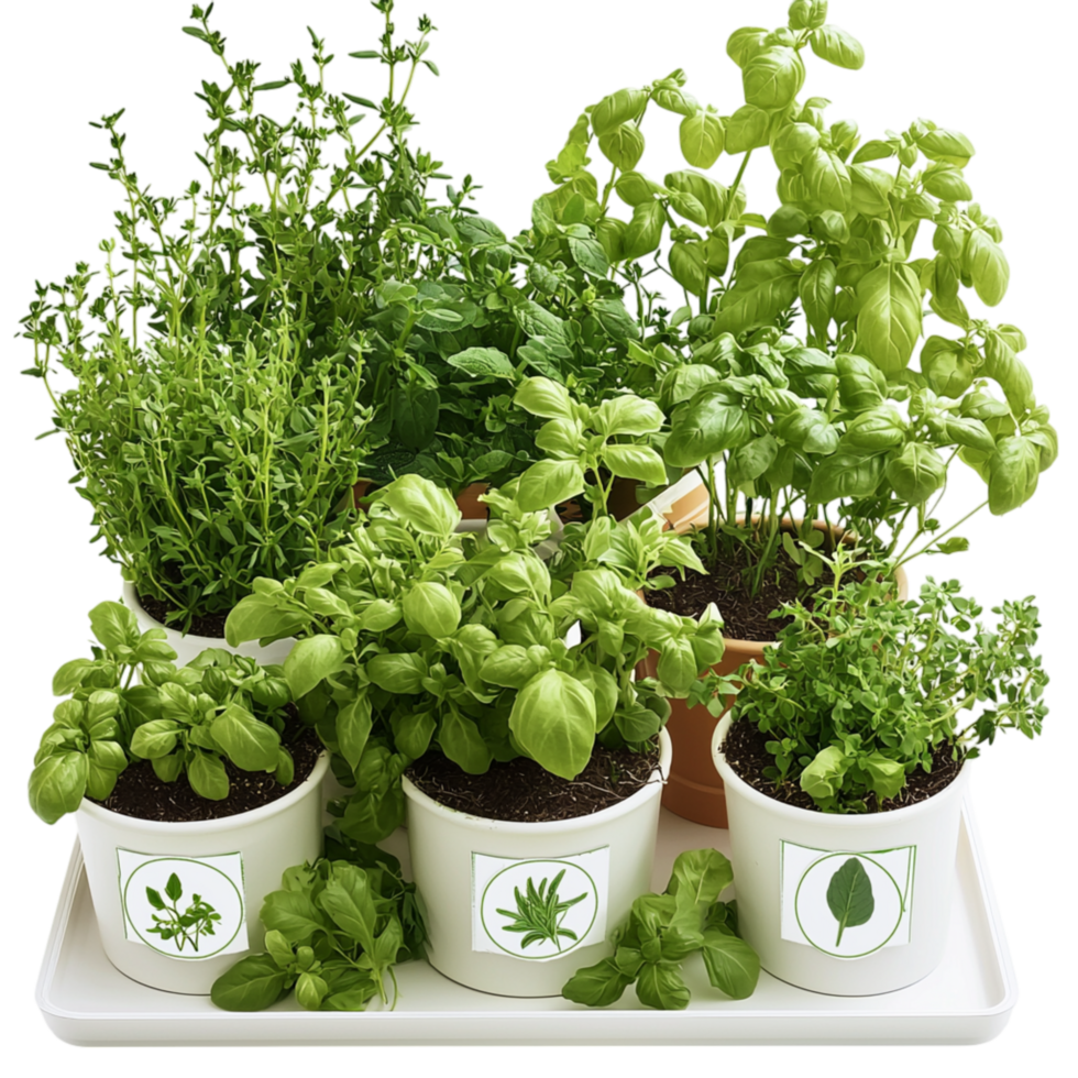 Thriving green herb plants in white pots growing healthily in a bright indoor or outdoor setting. png