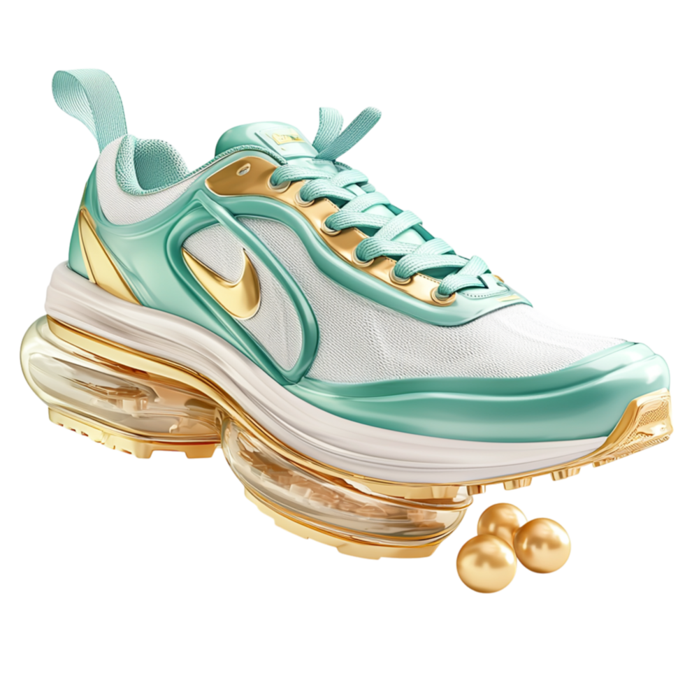 Trendy green white sneakers a futuristic design providing comfort durability a sporty fashionable look png