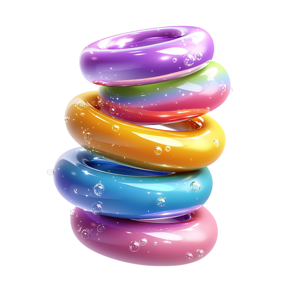 Colorful inflatable swim rings stacked together bringing fun excitement safety for summertime water adventures png