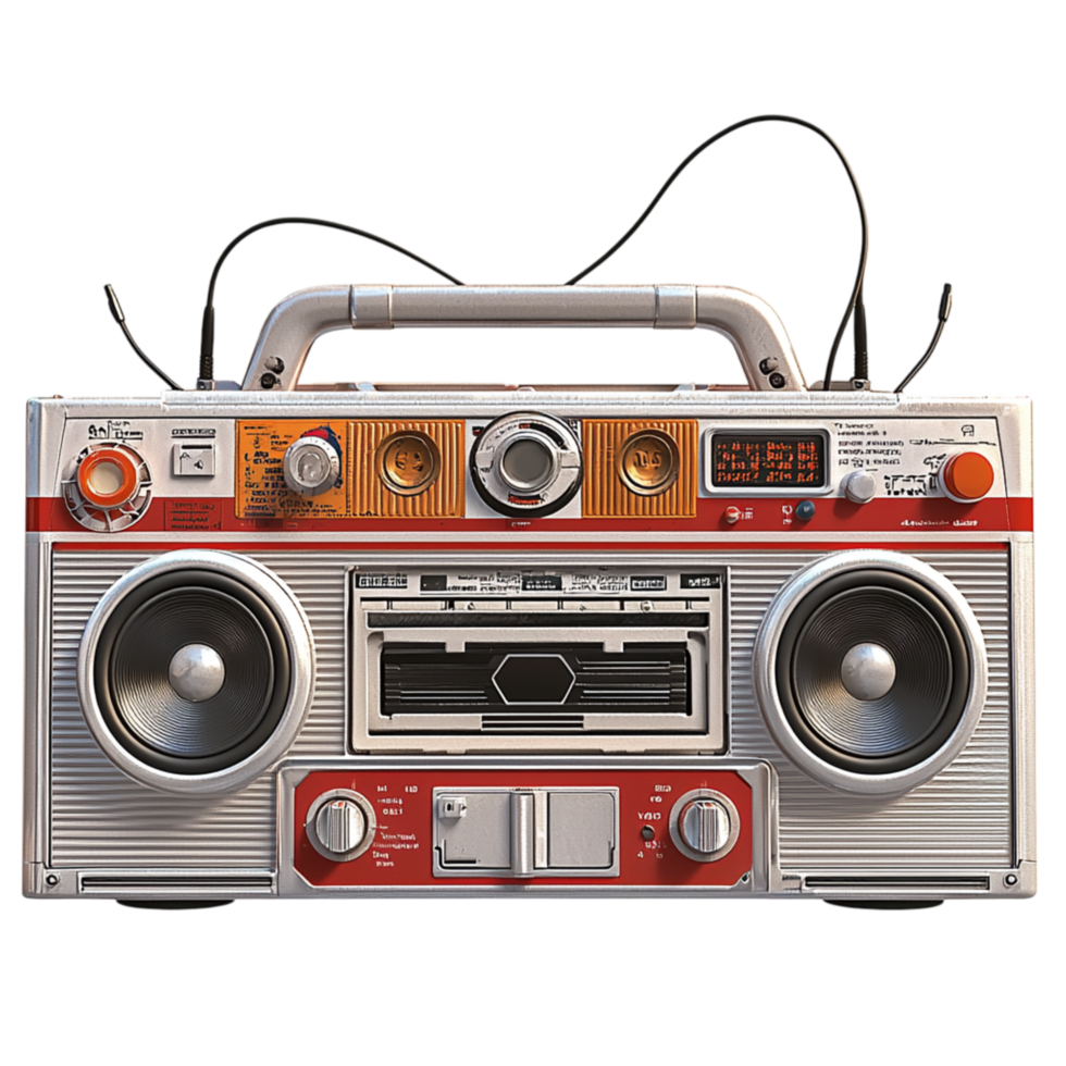 Retro silver boombox large speakers cassette player an antenna representing nostalgic music culture png