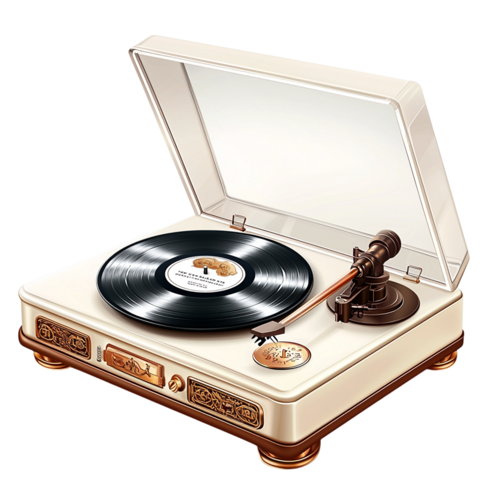 Classic wooden turntable playing a vinyl record bringing nostalgic music charm warmth rich sound quality png