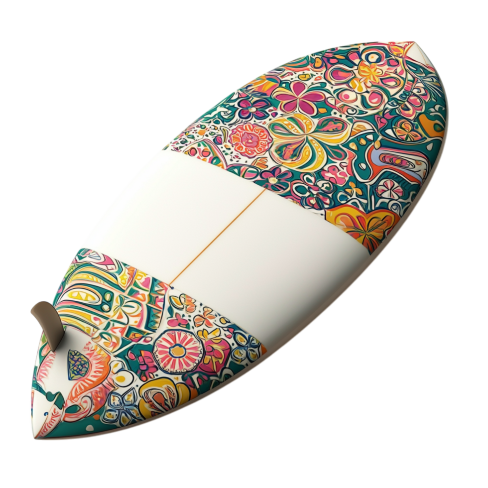 Colorful patterned surfboard intricate designs showcasing beach culture adventure excitement the thrill of surfing png