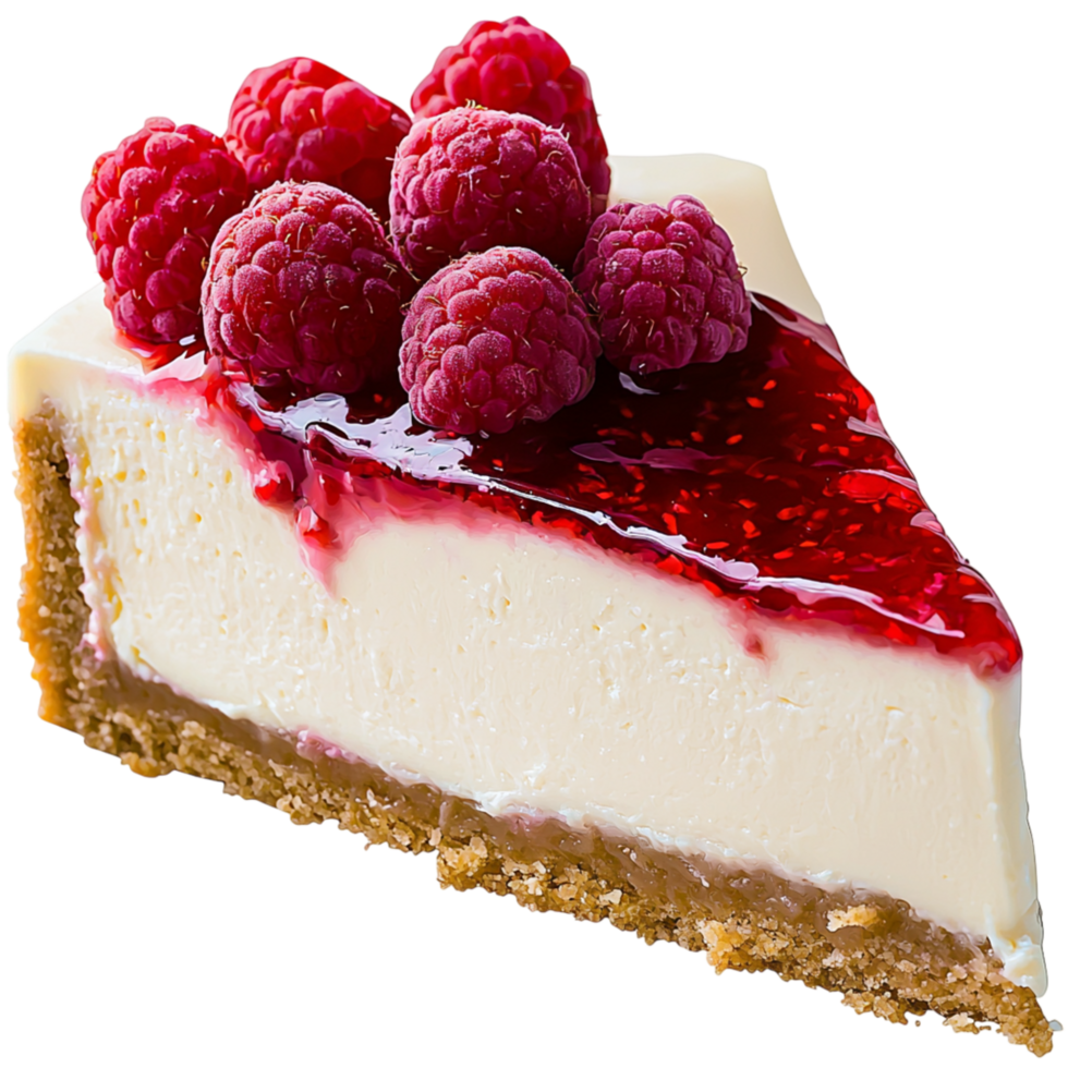 Delicious raspberry cheesecake slice a golden crust creamy texture offering a delightful sweet treat png