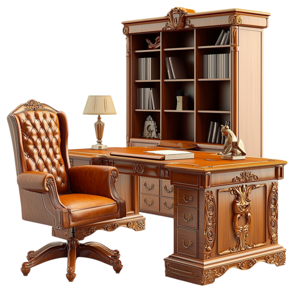 Traditional wooden office desk a bookshelf symbolizing professionalism organization a productive workspace png